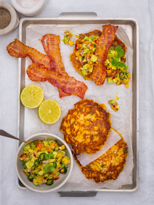 Bacon corn fritters with avocado salsa