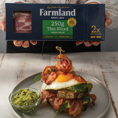 Bacon and egg stack with avocado coriander salsa