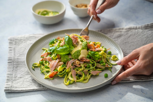 Macadamia pesto zoodles with leftover Christmas ham