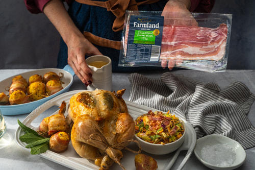 Roast chicken with bacon wrapped sage stuffing balls
