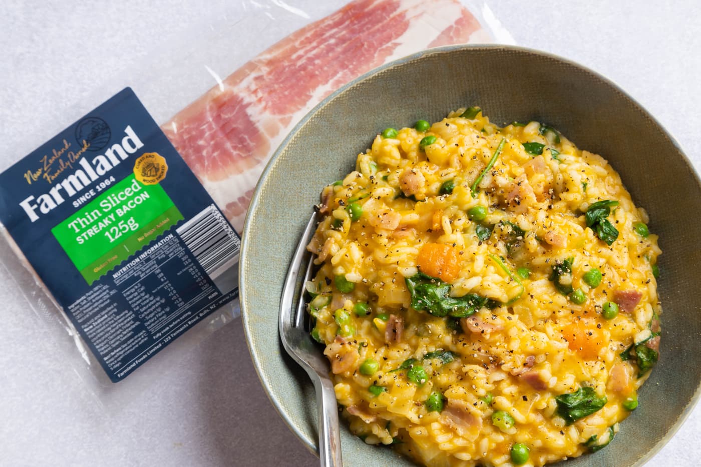 Bacon, Pumpkin, Spinach & Pea Risotto